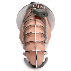 Rear view of stainless spiked chastity cage on model showing spiral ring construction
