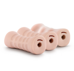 Rear view of three open-ended strokers showing ribbed canal texture and bullet vibrator slot