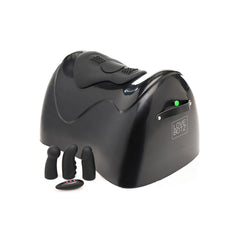 Rear three-quarter view of black saddle machine showing LoveBotz branding and LED indicator