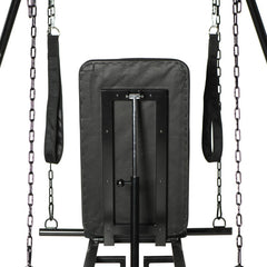 Rear view of Throne swing padded seat and metal adjustment bar suspended by black link chains