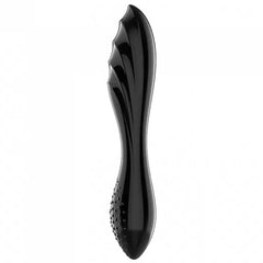 Rear upright view of black borosilicate glass dildo with textured lower end