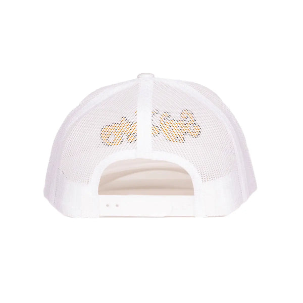 Rear view of white mesh trucker hat showing snapback closure and tonal logo detail