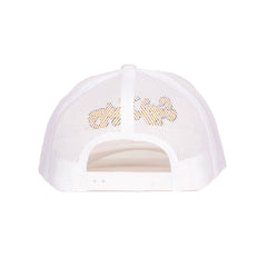 Rear view of white mesh trucker hat showing snapback closure and tonal logo detail