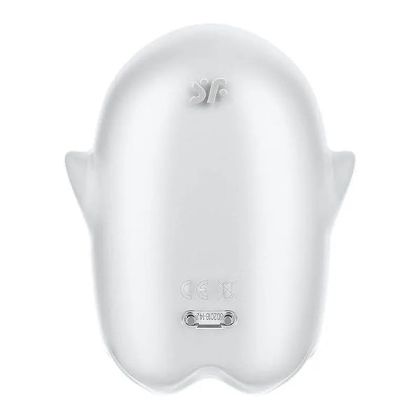 Rear view of white Satisfyer Glowing Ghost displaying CE certification mark and magnetic charge port