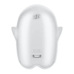 Rear view of white Satisfyer Glowing Ghost displaying CE certification mark and magnetic charge port