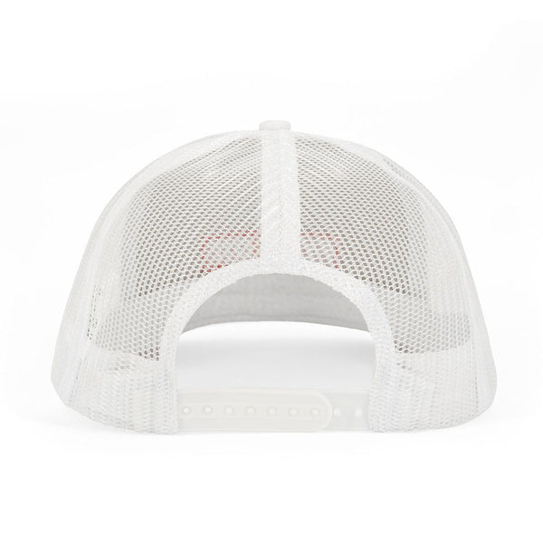 Rear view of white trucker hat showing breathable mesh panels and adjustable snapback closure
