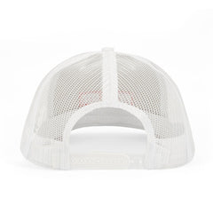 Rear view of white trucker hat showing breathable mesh panels and adjustable snapback closure
