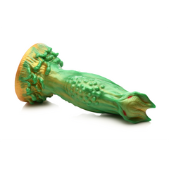 Reclining side view of Nebula dildo showing textured shaft and strong suction cup base