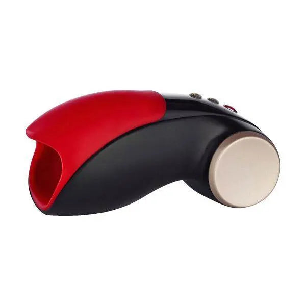 Red and black Cobra Libre II penis massager lateral view showing dual-tone silicone