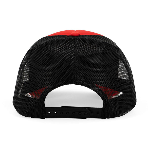 Red and black trucker hat rear view displaying breathable black mesh panels and adjustable snapback closure