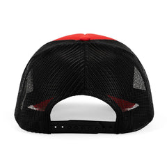 Red and black trucker hat rear view displaying breathable black mesh panels and adjustable snapback closure
