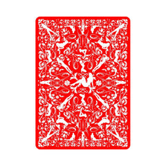 Red card back design with white silhouette figure and floral pattern repeat detail