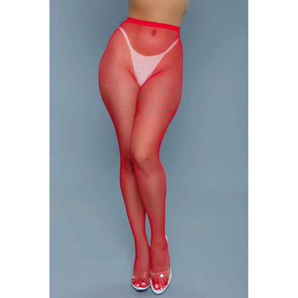 Red fishnet Up All Night Pantyhose angled view showing curve-contouring fit and open toe