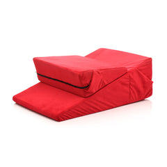 Red foam wedge set with zipper detail showing removable outer cover and compact folded form