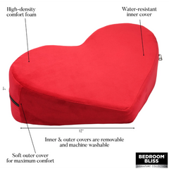Red heart-shaped Love Pillow with callouts: foam core, water-resistant liner, 12-inch width
