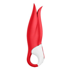 Red Power Flower vibrator showing full flexible silicone shaft and finger-loop handle design