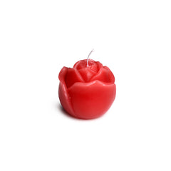 Red rose-shaped drip candle unlit on white background, compact 2.4-inch wide paraffin wax design