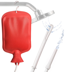 Red rubber water bottle douche bag hanging from shower head with two white cleansing nozzles