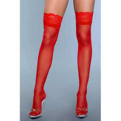 Red sheer thigh-high stockings with floral lace stay-up top worn with clear heels