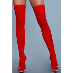 Red thigh-high stockings front view, smooth opaque nylon fabric with snug stay-up band