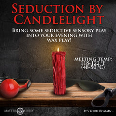 Red Thorn Drip Candle on wooden shelf beside blindfold and ball gag, melting temp 118–122°F