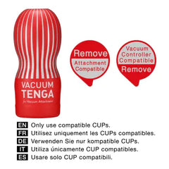 Red Vacuum Tenga Cup with multilingual compatibility instructions for vacuum controller use