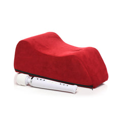 Red velvet Deluxe Wand Saddle beside a full-size wand vibrator showing relative scale