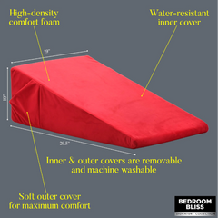 Red wedge pillow dimensions 29.5x19x10 inches with foam core and removable washable covers labeled