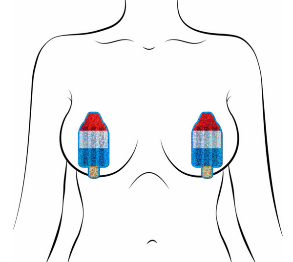 Red white and blue glitter ice pop pasties shown in placement context on illustrated torso outline