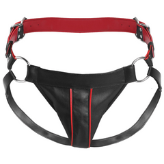 Removable jock strap and waist belt detached, showing 2-inch cock ring and red accent stitching