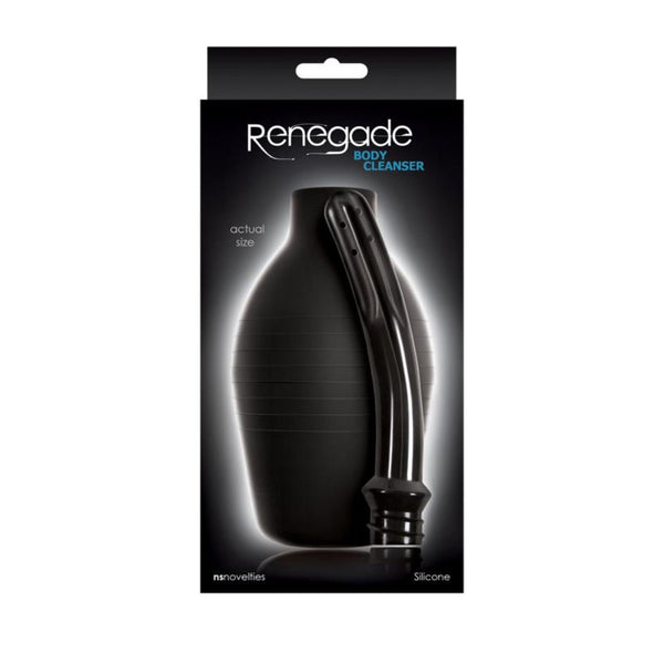 Renegade Body Cleanser in black silicone shown in retail box, actual size displayed
