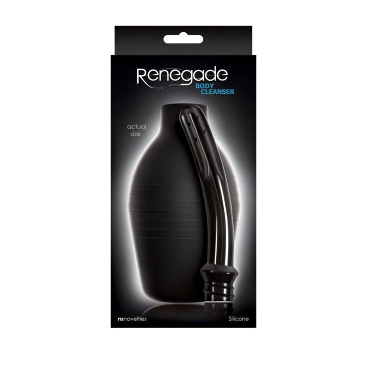 Renegade Body Cleanser in black silicone shown in retail box, actual size displayed