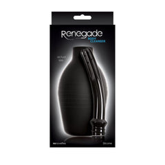 Renegade Body Cleanser in black silicone shown in retail box, actual size displayed