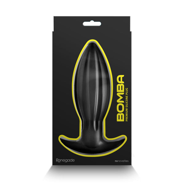Renegade Bomba medium anal plug in bold black packaging with yellow branding accent details