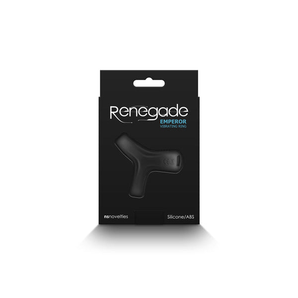Renegade Emperor Vibrating Ring shown against packaging box to illustrate compact, wearable ring scale