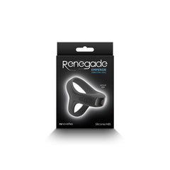 Renegade Emperor Vibrating Ring black retail box showing silicone/ABS materials and actual product size