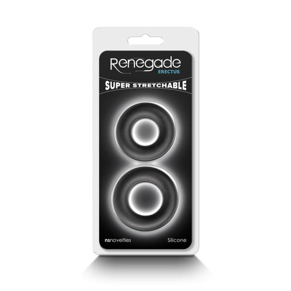 Renegade Erectus Super Stretchable cock ring set in retail packaging, two black silicone rings