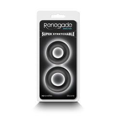 Renegade Erectus Super Stretchable cock ring set in retail packaging, two black silicone rings