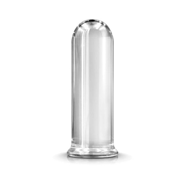 Renegade Glass Rook clear glass dildo with rounded tip and flat base, front view