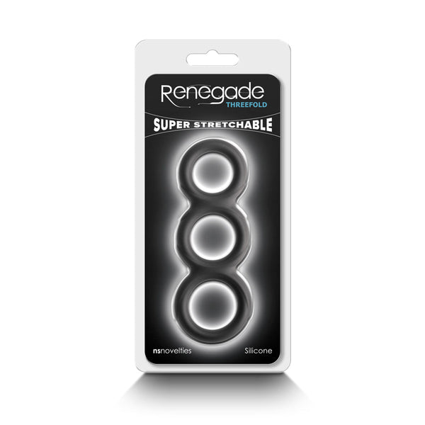 Renegade Threefold packaging highlighting super stretchable silicone triple ring design