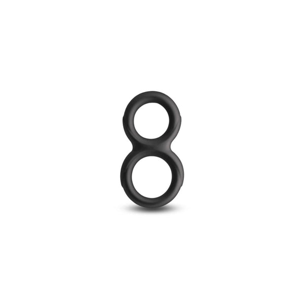 Renegade Twofold black silicone double cock ring in figure-eight shape, front view
