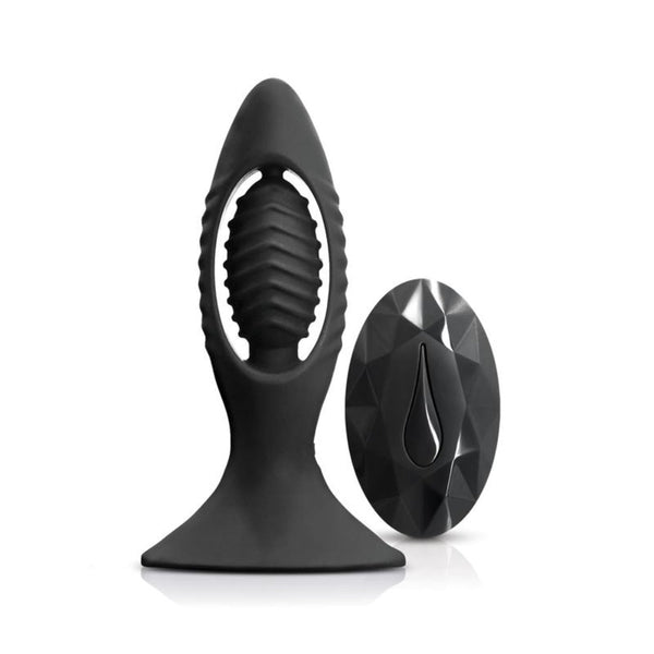 Renegade V2 black silicone vibrating anal plug with open-core ribbed design and diamond-shaped remote