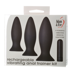Retail box for Adam & Eve Rechargeable Vibrating Anal Trainer Kit noting 9 vibrating speeds