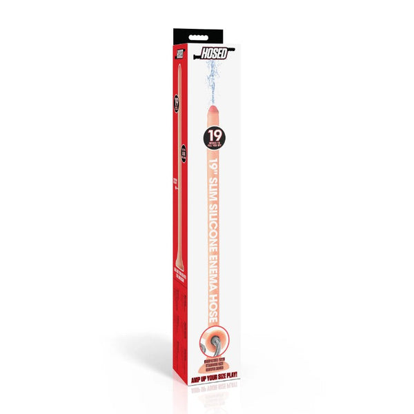 Retail box for Hosed 19-inch Slim Silicone Enema Hose showing product inside packaging