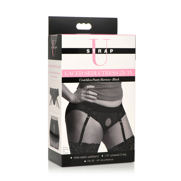 Retail packaging for Strap U Laced Seductress 2X-3X crotchless harness noting fits 39–44 inch waist