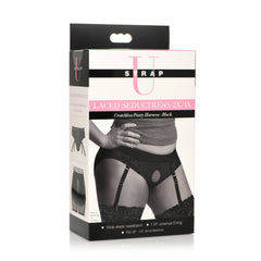 Retail packaging for Strap U Laced Seductress 2X-3X crotchless harness noting fits 39–44 inch waist