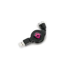 Retractable black USB to micro-USB charging cable with pink Mystim shield logo on spool
