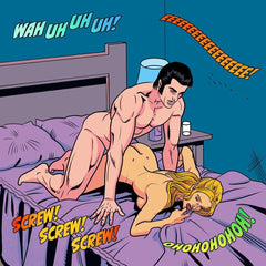 Retro comic-style interior page from the adult storybook with vibrant colours and onomatopoeia text