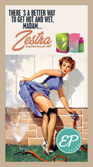 Retro pin-up style lifestyle ad for Zestra arousal oil featuring playful humorous vintage illustration