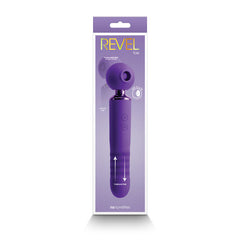 Revel Fae wand vibrator in purple retail packaging highlighting thruster function